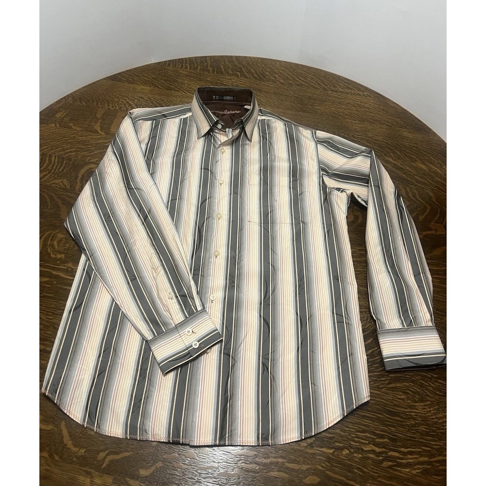 Tommy‎ Bahama Mens Large 100% Silk Jacquard Shirt Striped Tropical Long Sleeve